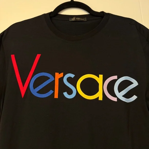 Versace Men’s Multicolor Embroidered Logo Black T-Shirt Size Medium